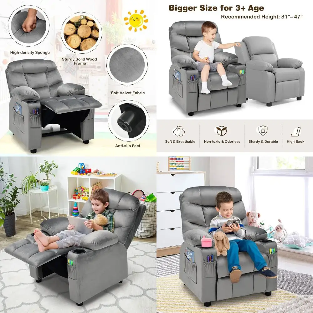 

Gray Velvet Kids Recliner Chair with Cup Holder, Adjustable Lounge Chair for Children with Ottoman & Side Pockets