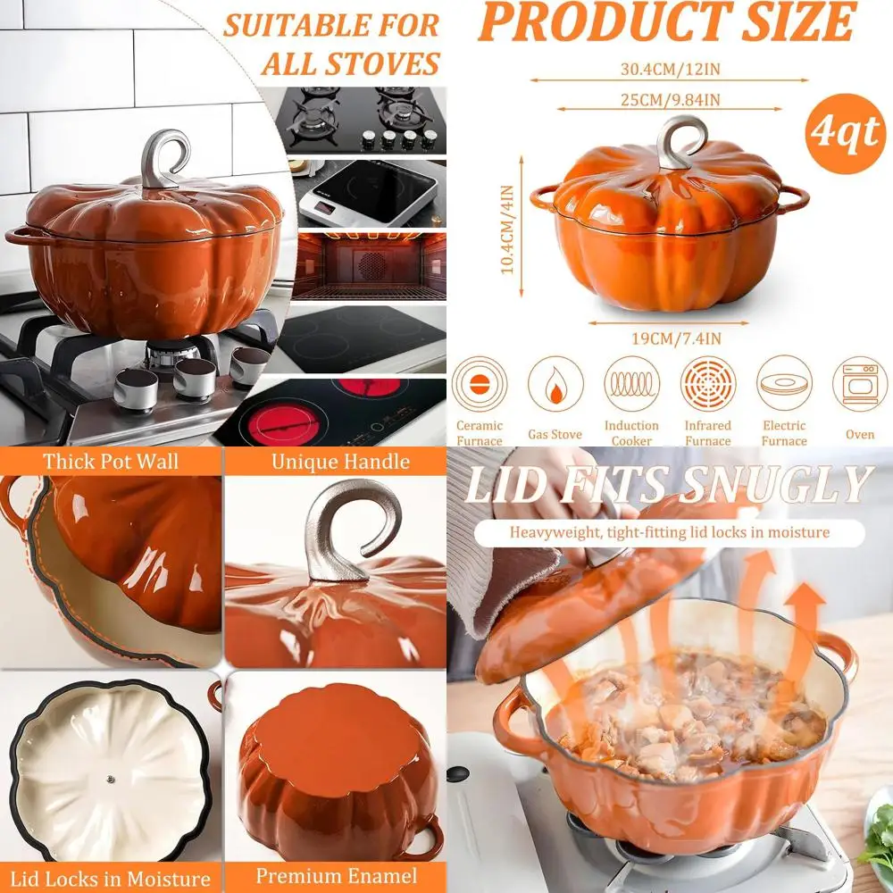 

Enamel Cast Iron Pumpkin Cocotte, 4-Quart, 3-5 Servings, Holiday Kitchenware, Suitable for All Cooktops