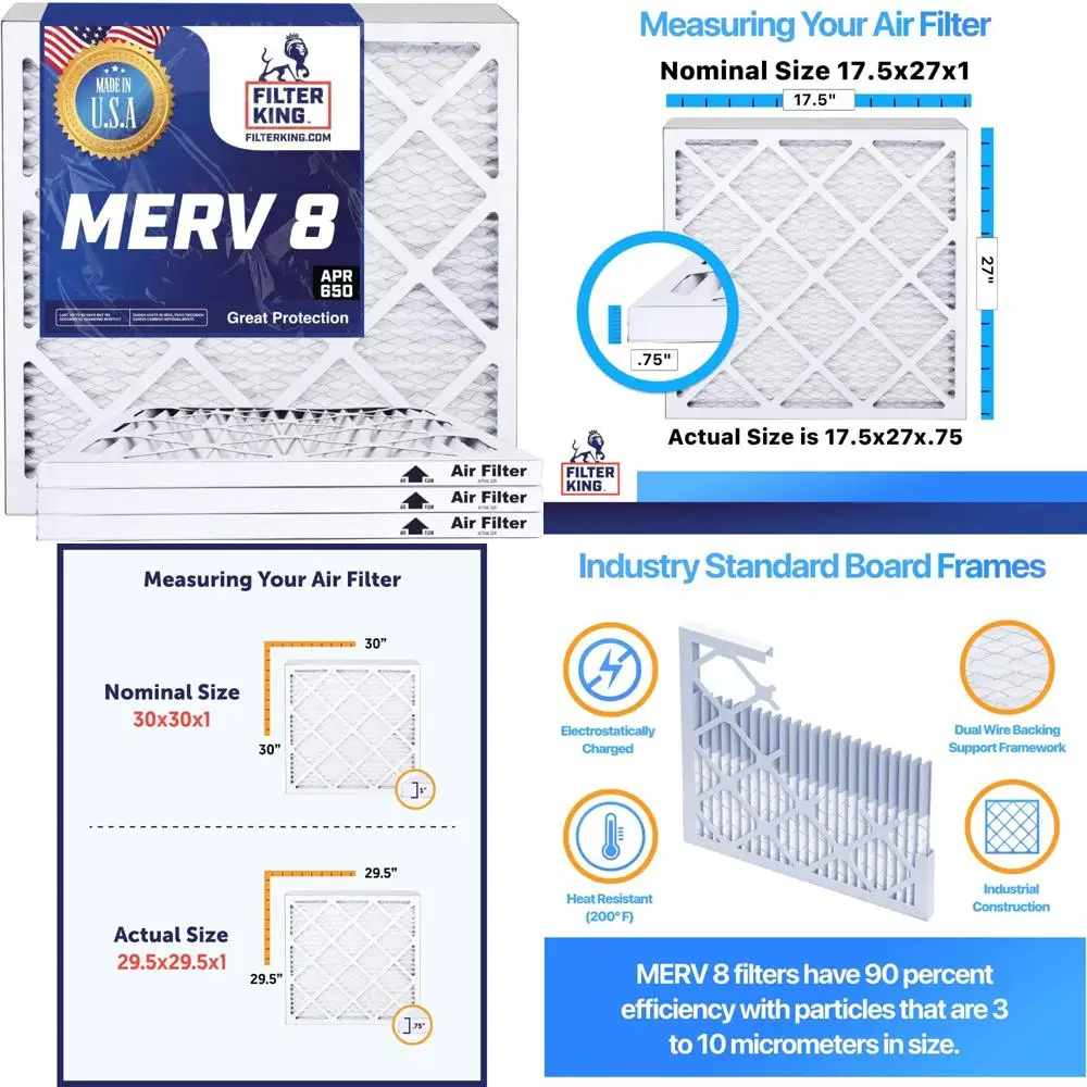 

Merv 8 Pleated Air Filters for HVAC and Furnace, 6-Pack, 17.5x27x1 Inch, Made in USA, Actual Size 17.5x27x0.75 Inch