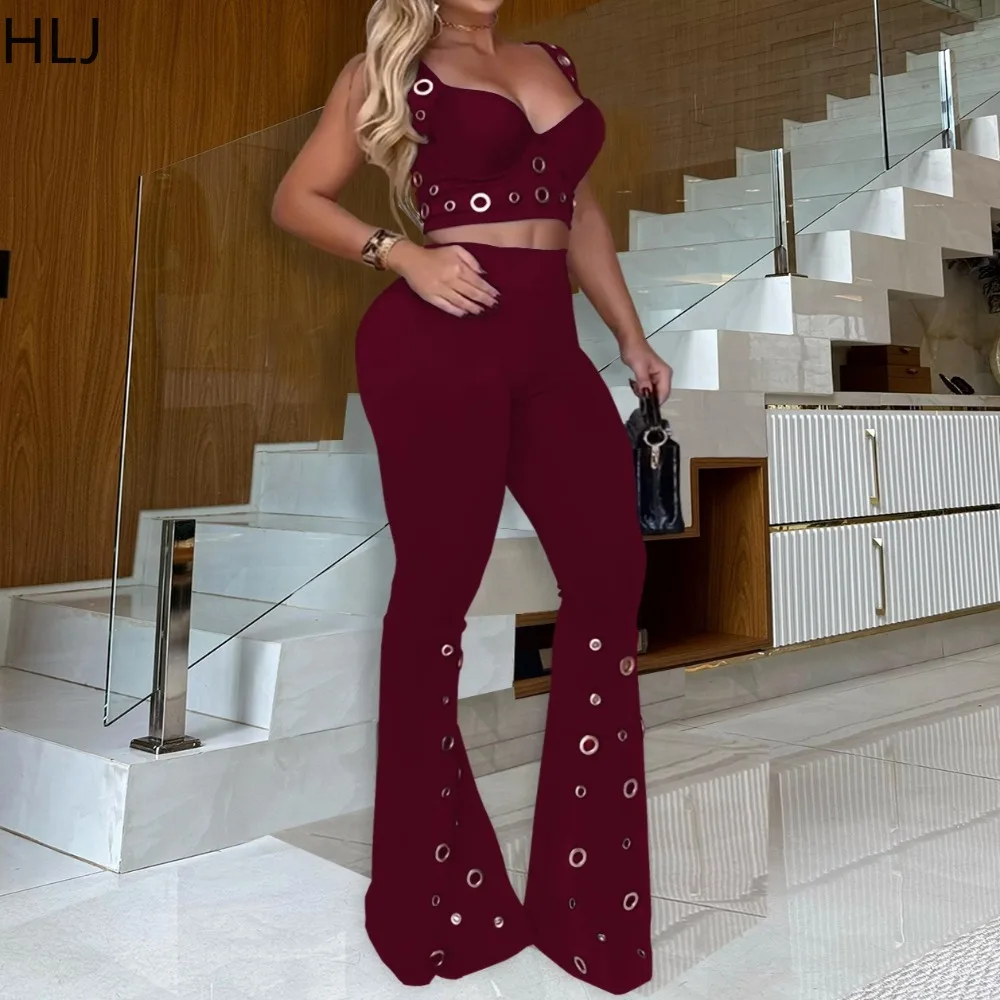 HLJ Fashion Two Piece Outfits Woman Spaghetti Strap Backless Metal Eyelet Crop Top and Pants Matching Suit Female Streetwear New