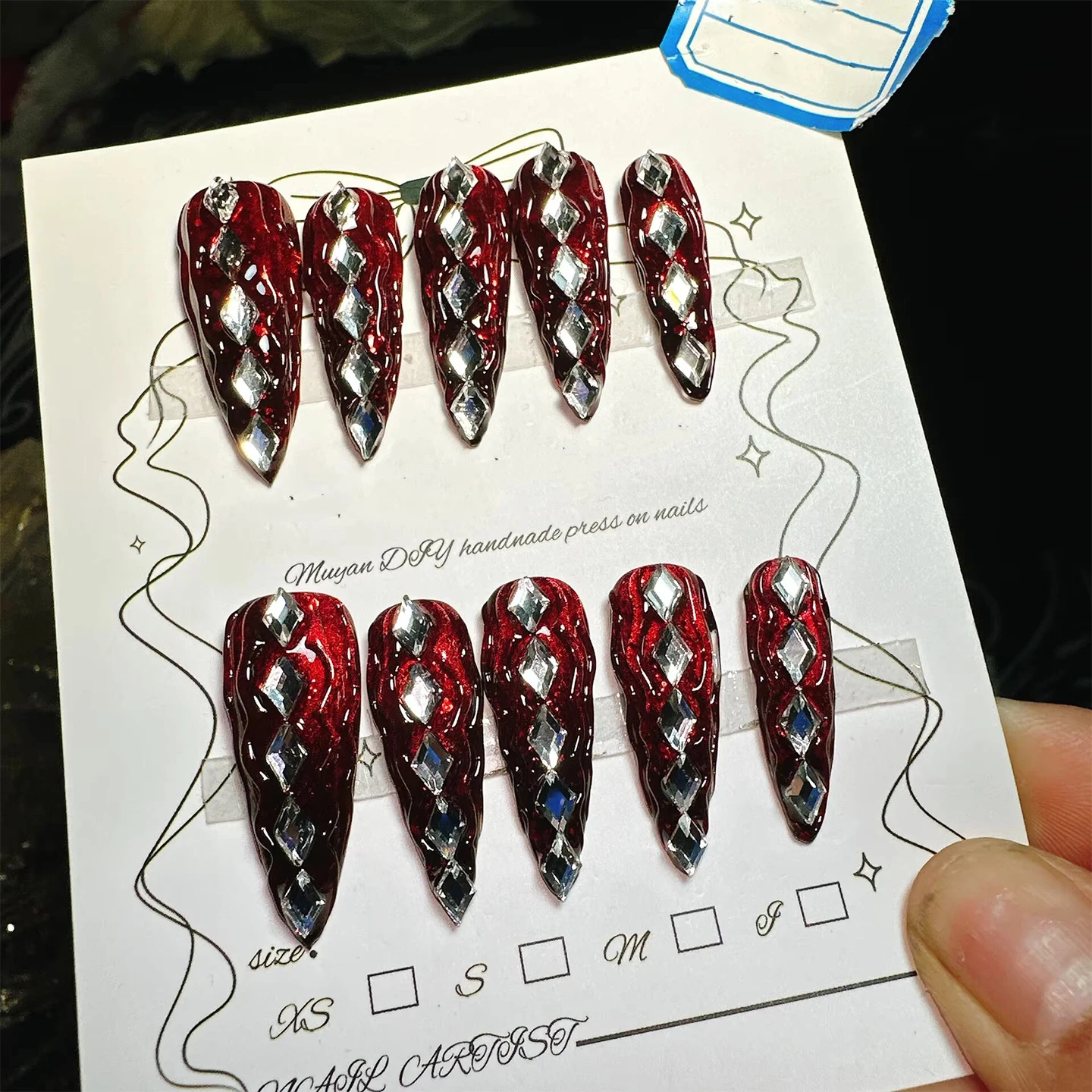 Handmade Red Rhinestone Press - on Nails Luxurious Stiletto Shape Multiple Sizes for Parties Celebrations Daily Glam