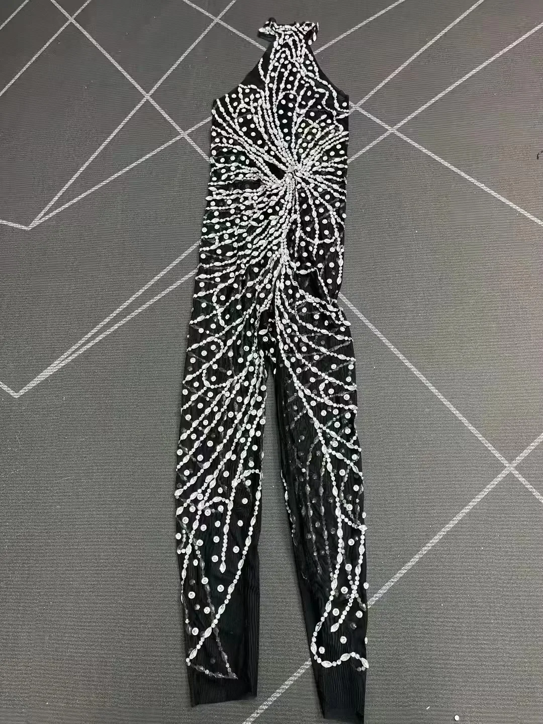 Women's Rhinestones Sleeveless Black Mesh Jumpsuit Transparent Design Birthday Parties Stage Performances Singers And Dancers