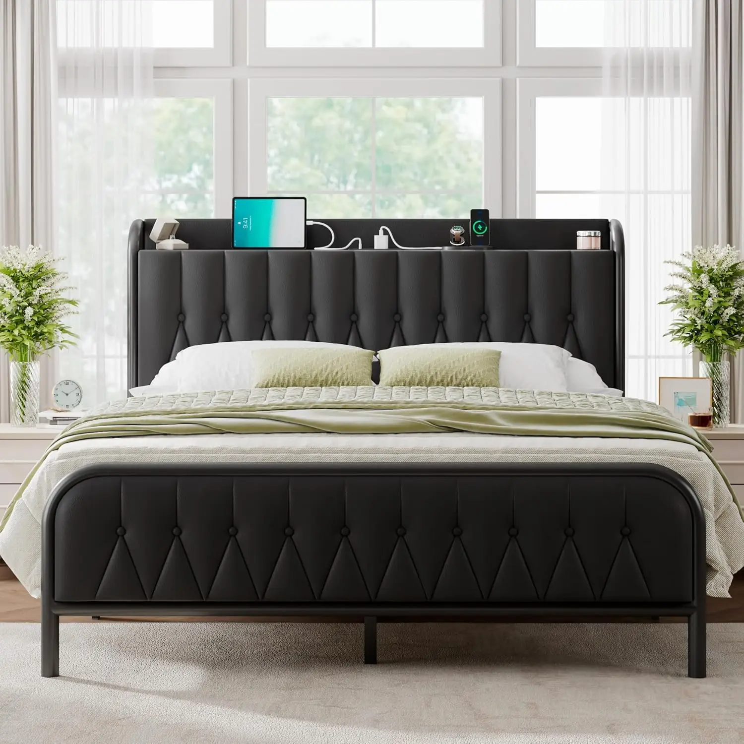 

full-king Size Bed Frame with Fast Charging Station, 12" Underbed Storage Space, Easy Assembly, Noise-Free, Queen Bed Frame