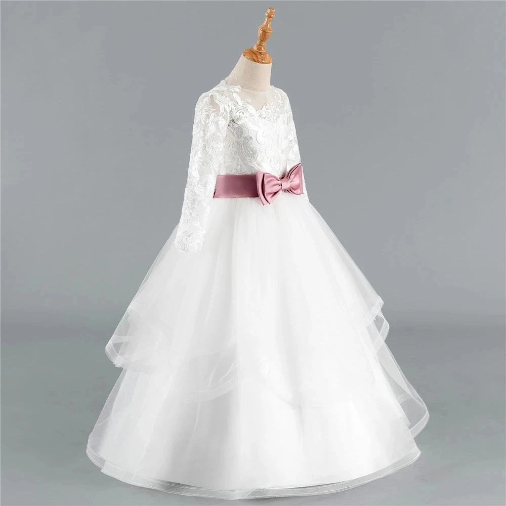 Robes de demoiselle d'honneur à manches 3/4 pour mariage, robes de première Communion longues avec nœud en Tulle pour petites filles