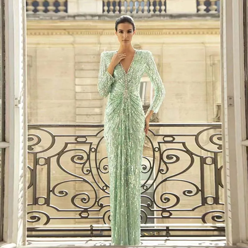 L214 New Arrival Light green Long Sleeves V neck Sequins Crystal  فساتين السهرة vestidos de fiesta  فساتين سهره evening dresses