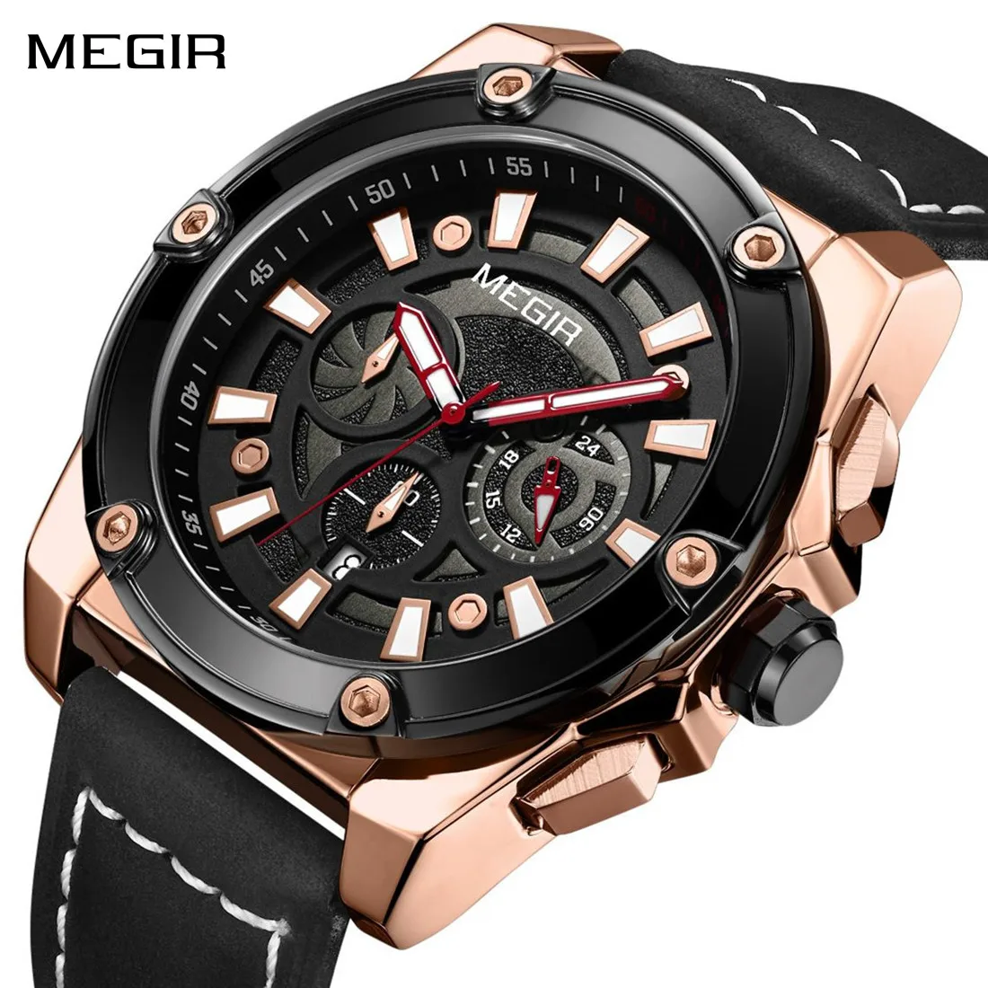 

MEGIR Luxury Brand Quartz Men Watches Leather Strap Sports Chronograph Waterproof Male Wristwatch 24-hour Relogio Masculino 2122