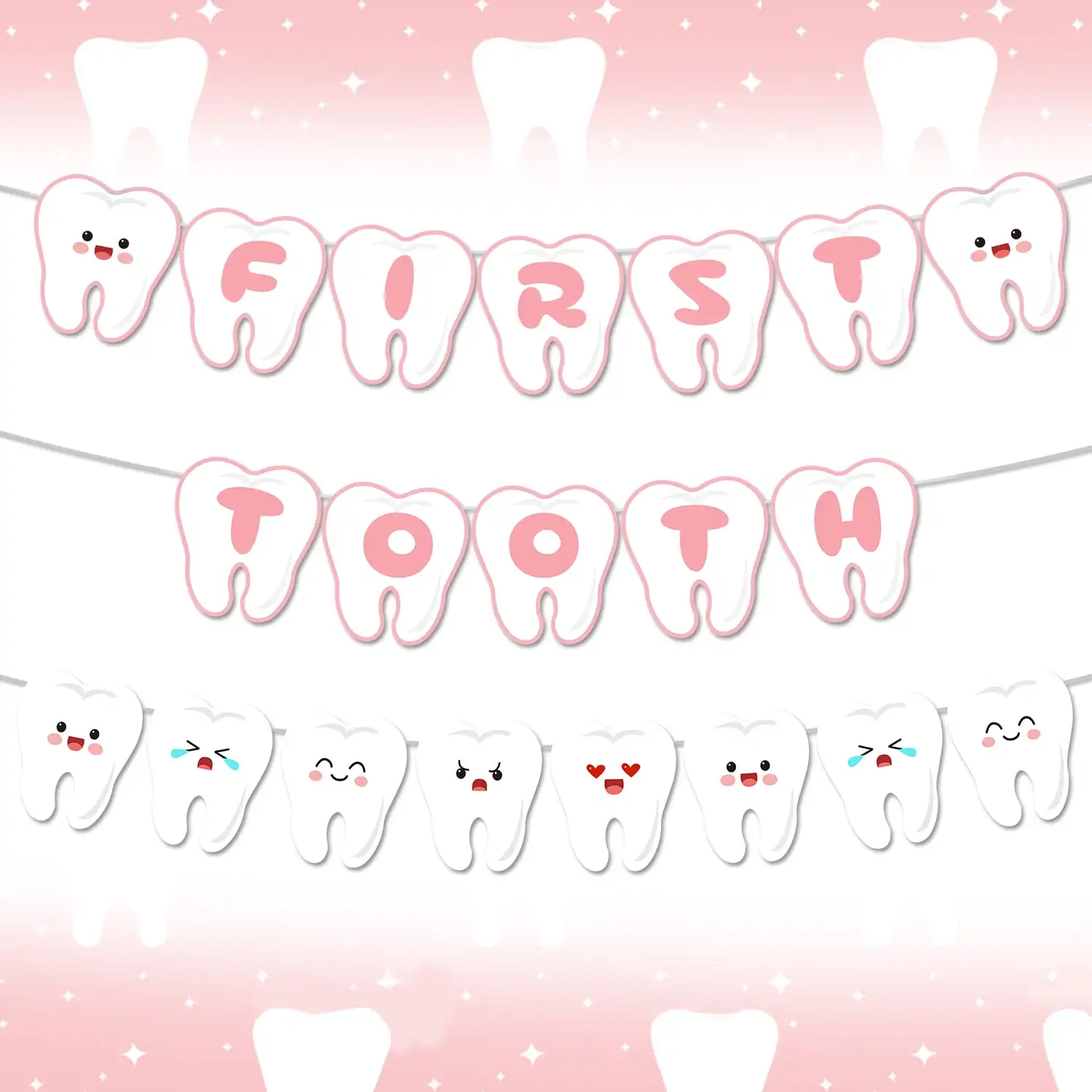 First Tooth Banner Smiling Tooth Garland First Tooth Party Decorations for Girl Boy Tooth Theme 1st Birthday Party Decoration