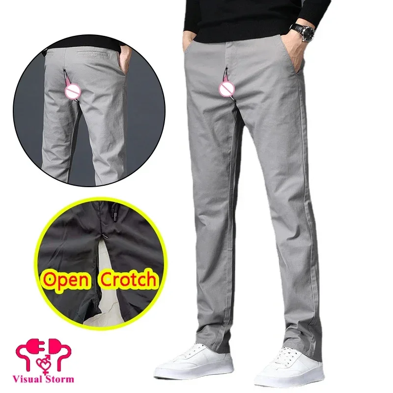 Man Casual Open Crotch Pencil Pants Smart Casual Hidden Zipper High Rise Korean Style Fashion Streetwear Crotchless Trousers