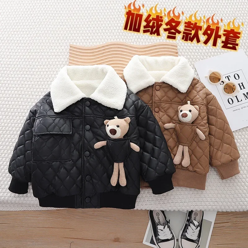 Lambskin Boys Jacket Autumn Winter Fleece-Lined Thick Warm Waterproof Coats 3D Bear Design Fur Collar Cotton Outwear For 1-6Y