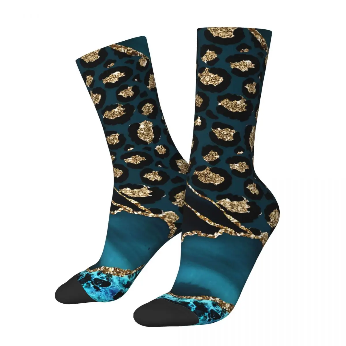 Teal & Gold Leopard Agate Men's Socks Retro Harajuku Street Style Novelty Seamless Crew Sock