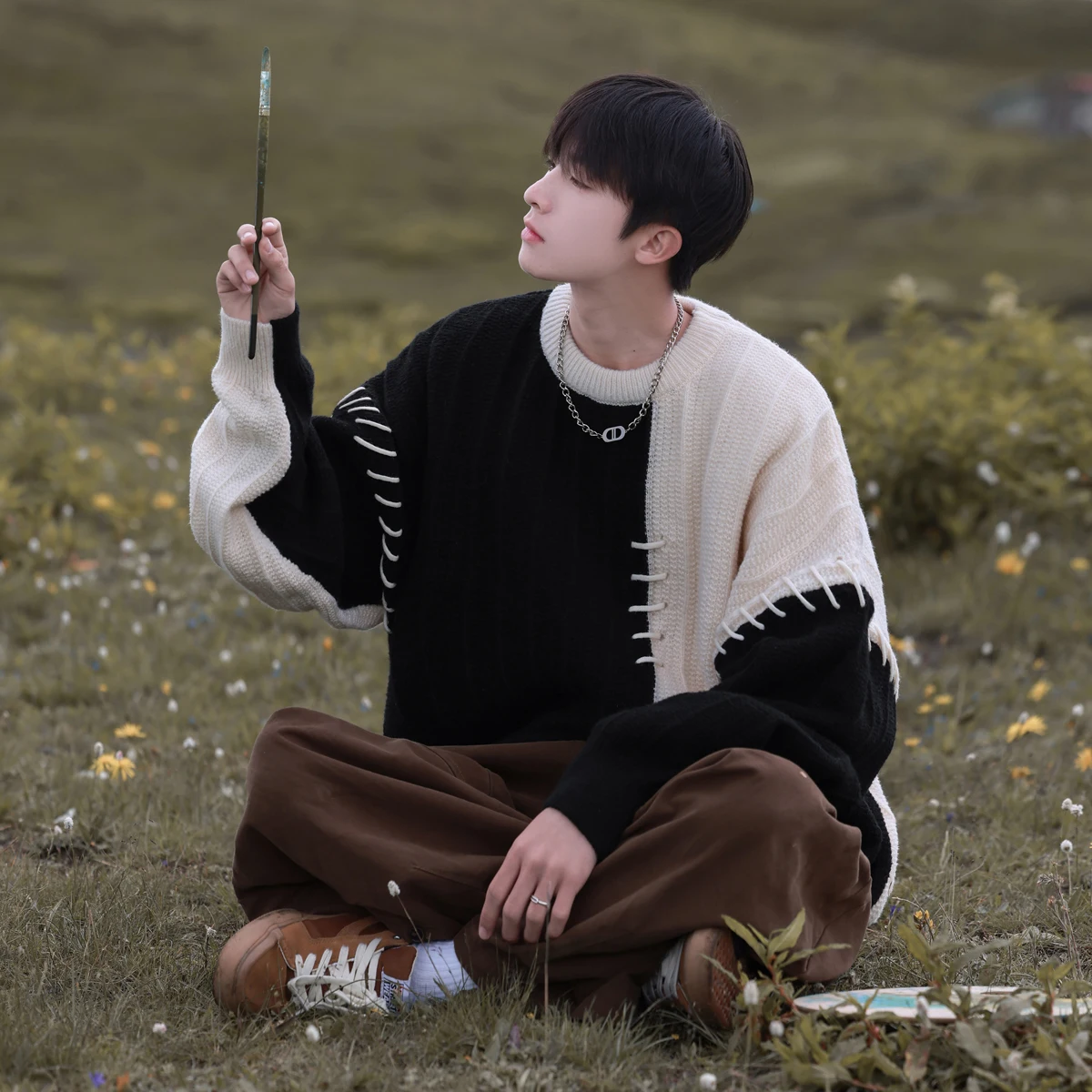 

Loose Men's Knitted Sweater Spring Autumn round Ne Base irt Inner Wear Casual American Sle Teenager Vintage Color Blo