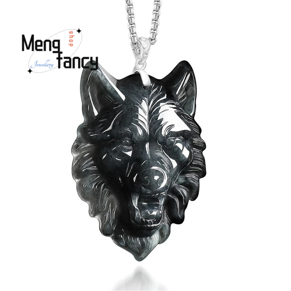 

Natural Burmese A-grade Jadeite Black Jade Wolf's Head Pendant S925 Silver Buckle Personalized Hip-hop Fashion Jewelry Mascots