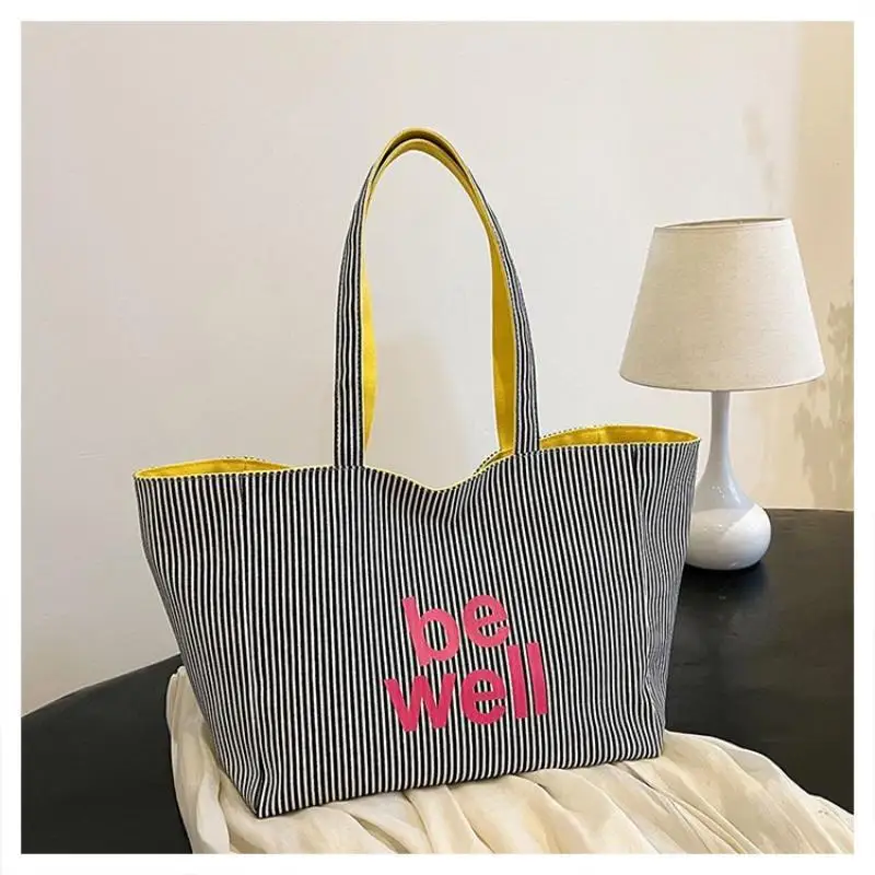 Large Capacity Yellow Canvas Tote Bag With Striped Lining Inspirational Print For School Commute Shopping Daily Use