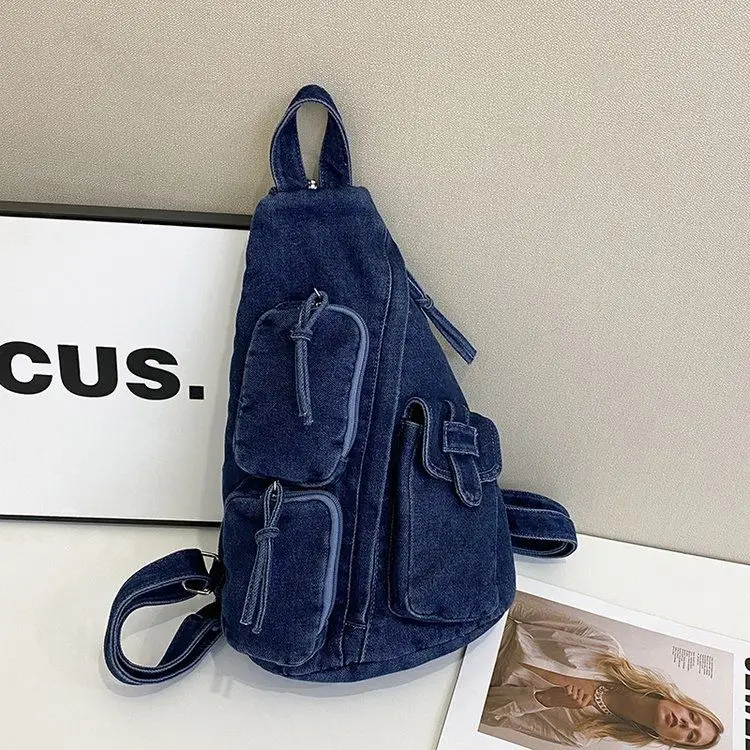 

Retro Triangle Denim Backpack Women Minimalist Large Capacity Lightweight Daypack Ladies Fashion Versatile Casual Mochilas Mujer