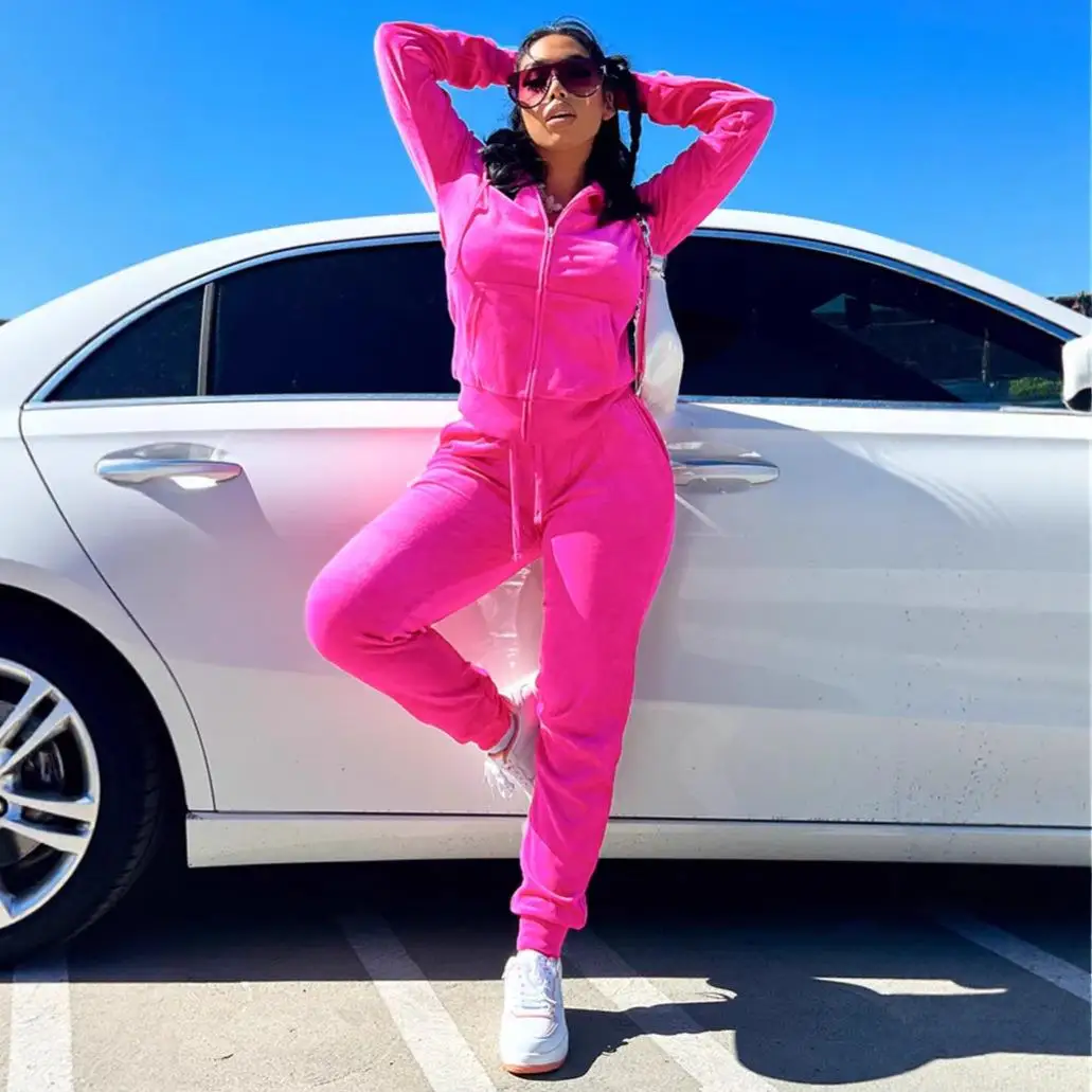 

Women's Street Sle Casual Two-Piece Set Pure Color Long Sve Zipper Cardigan Coat Belted Long Pants Autumn Faion