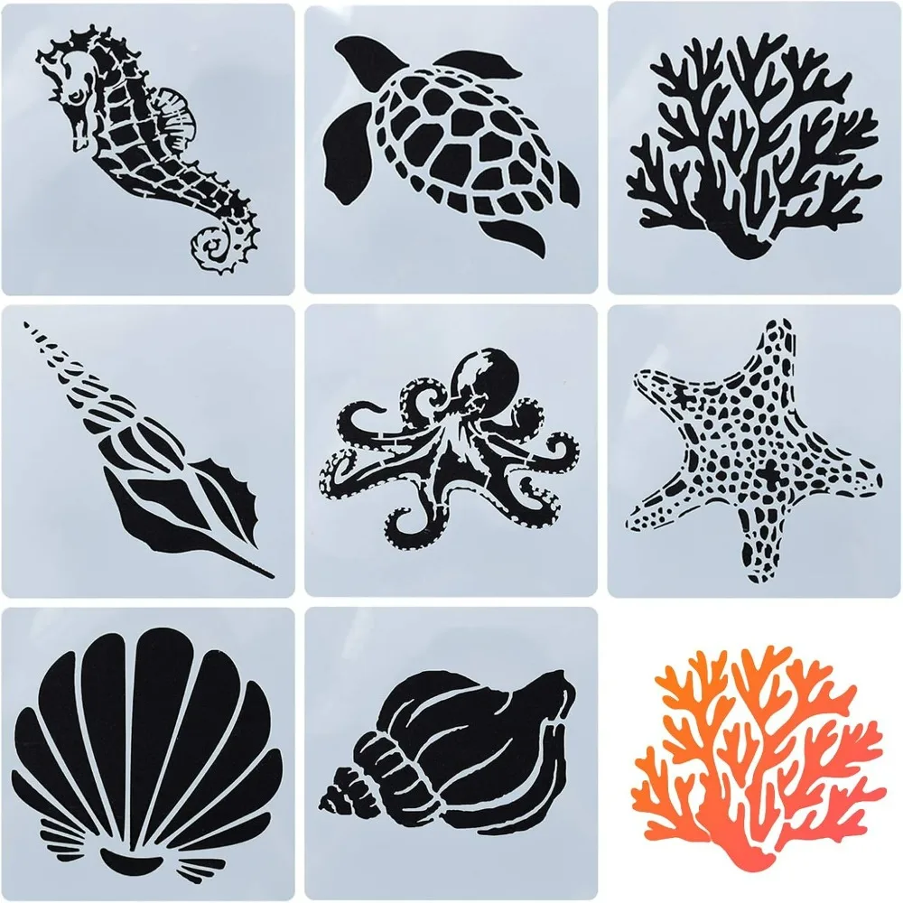 8 Mixed Sea Animals Stencils Set 5.1x5.1 Ocean Creatures Painting Templates for DIY Art Crafts Scrabooking (Starfish Conch