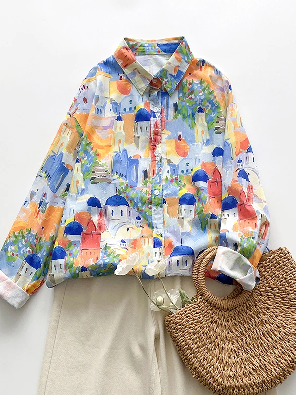 

Retro Japanese Sle Long Sve Printed Collar irt Casual Loose Base Layer Top Oil Painting Print Commute Faion Women's ...