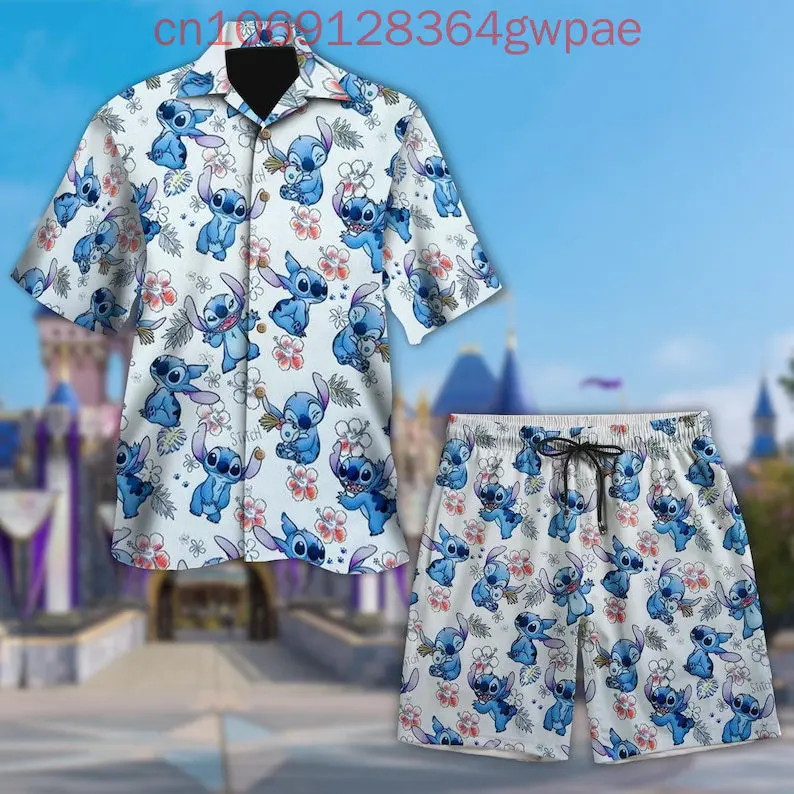 

Гавайская рубашка Disney Stitch, рубашка на пуговицах, мужские шорты, костюм, рубашка Aloha, мужские и женские шорты с героями мультфильмов