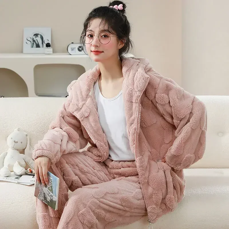 2024 New Women Sleepwear Winter Warm Thick Flannel Nightwear Zipper Fly Hooded Pajama Sets Lady Girls Cute Causal Loose Pyjamas