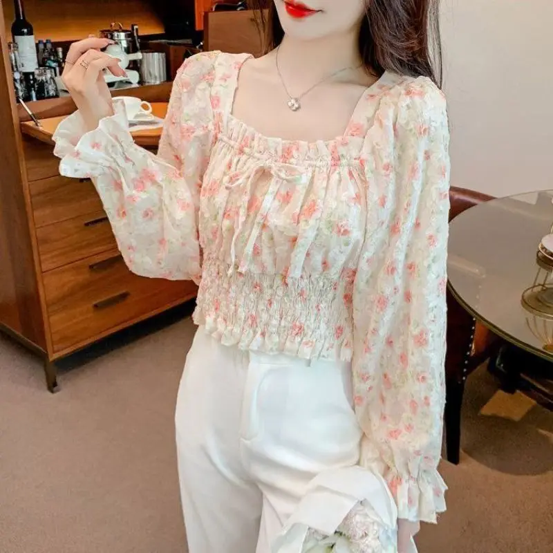 Spring Autumn New Fashion Slim Appear Thin Versatile Printed Tie Up with Square Necked Floral Long Sleeved Commuter Chiffon Top