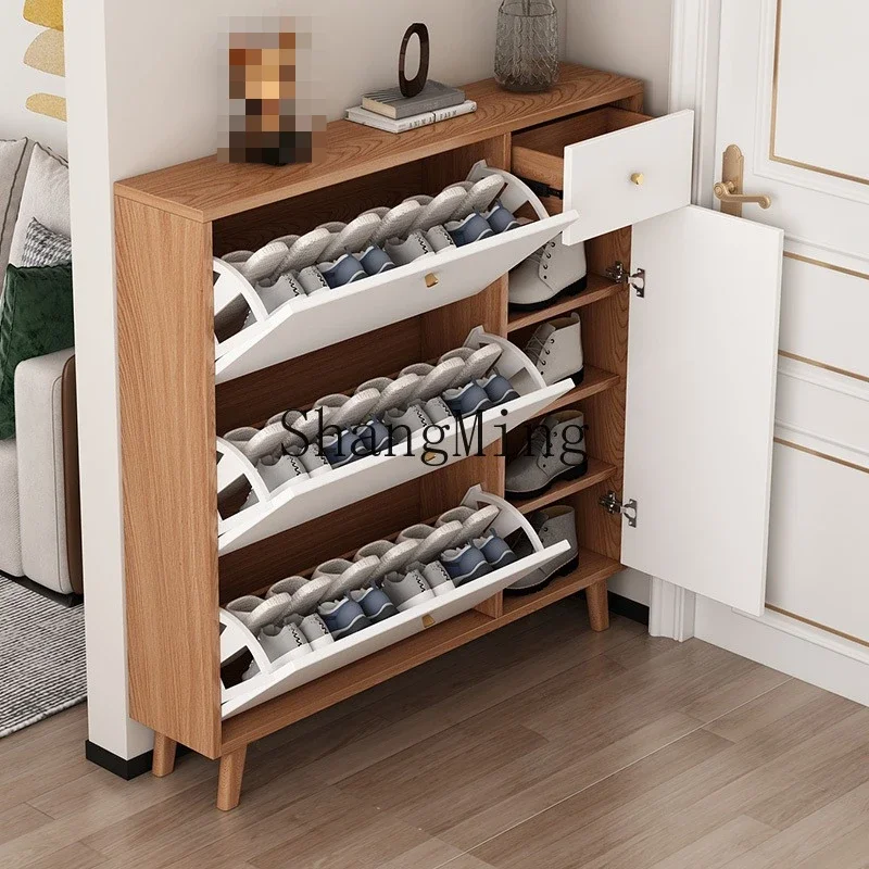 

SM solid wood ultra-thin shoe cabinet household door entry tipping bucket small apartment entrance cabinet integrated