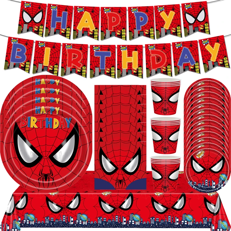 

New Disney Spider-Man Birthday Party Supplies Decoration Spider-Man Cup Plates Napkins Gift Bag Banner for Baby Shower Event