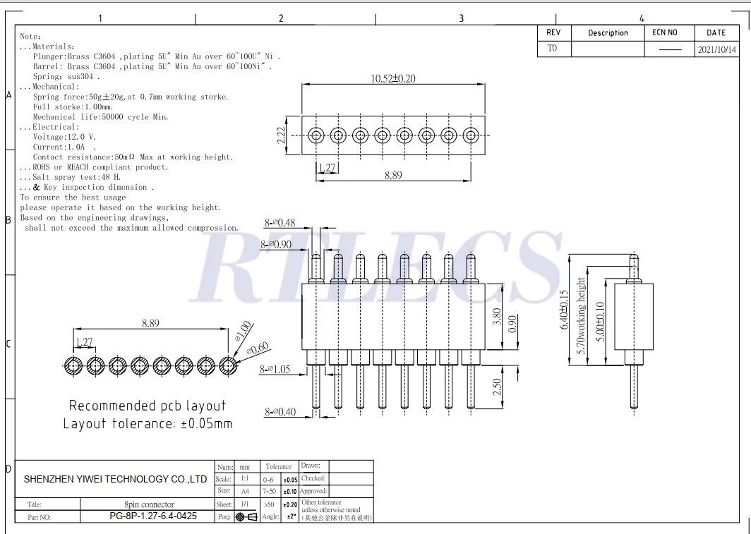 2/10 Stück PogoPin-Stecker, männlich, 1,27 mm Rastermaß, federbelastet, 2 4 5 6 8Pin weiblich, zweireihig, 10 P DIP, Durchgangslöcher, PCB, vergoldet – Detail 7