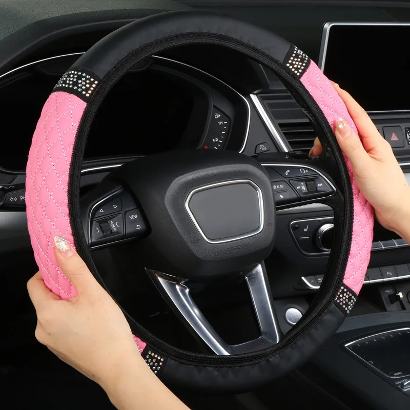 

Four Seasons Universal Car Steering Wheel Cover Leather Embroidered Color Diamond-Studded Elastic Steering Wheel Cover