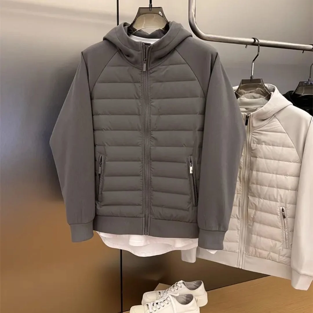 Autumn Winter New Sle  Color Simple Men's Hooded Casual down Jaet Faionable Splicing Couple's Sle White Du dow...