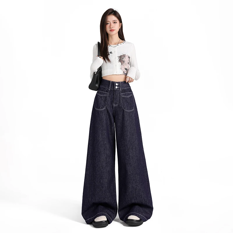 Shascullfites Anti-Fading Denim Original Color Super Soft Drape High Waist Double Button Denim Wide Leg Pants For Women