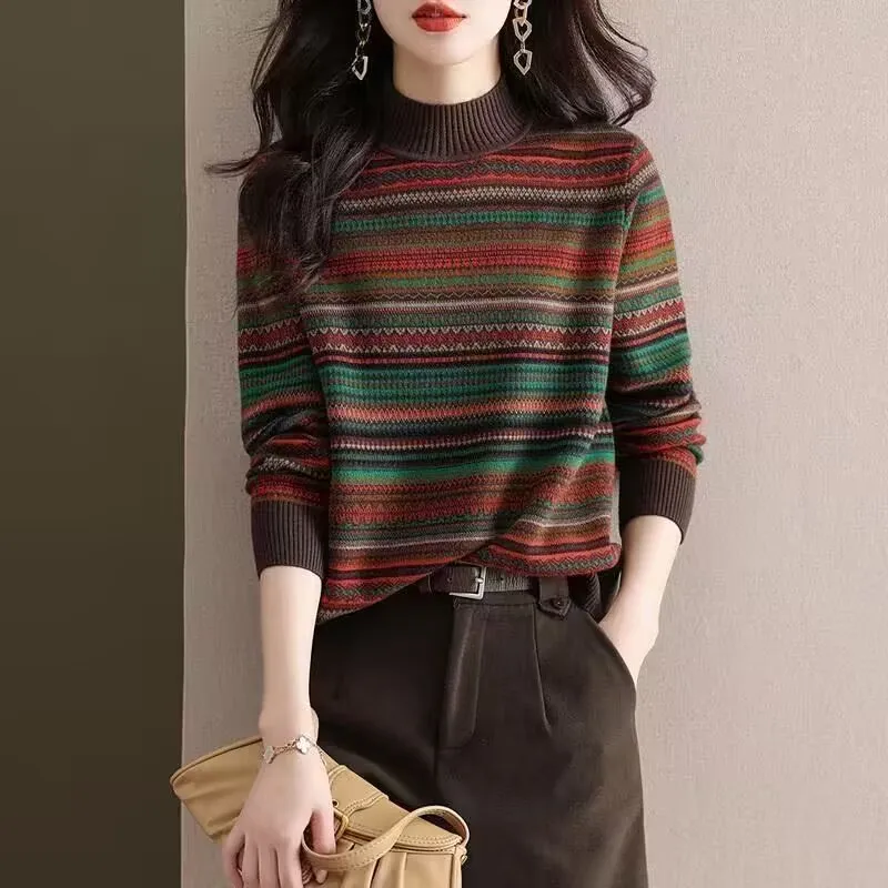 Pull en maille rayé 2026, nouveau modèle pour femmes, style décontracté et ample, rétro, à col semi-montant, pull polyvalent.