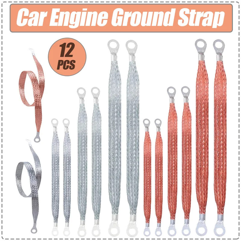 12PCS Car Engine Ground Strap 10/15/20 Inch Braided Tinned Copper Automotive Ground Wire Kit with Ring Terminals for Most Cars