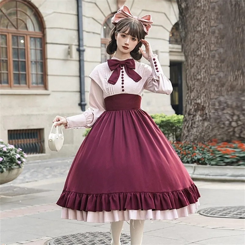 

Autumn Winter Lolita Dress Vintage Long Sleeved Fake Two Piece Princess Dress Vintage Rose Embroidered Large Hem OP Dress