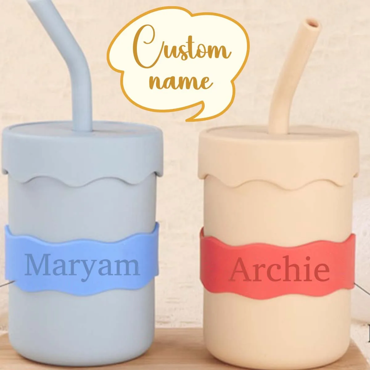 Custom Name Silicone Cup Sleeve Band Engraved Anti-Slip Tumbler Wrap Soft Flexible Colorful Water Bottle Grip Strap For Kids view 2