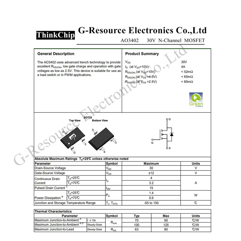 (100 pcs) AO3402 A29T SOT-23 3402 N-Channel 30V 4A (Ta) 1.4W (Ta) SMD mosfet transistor New original