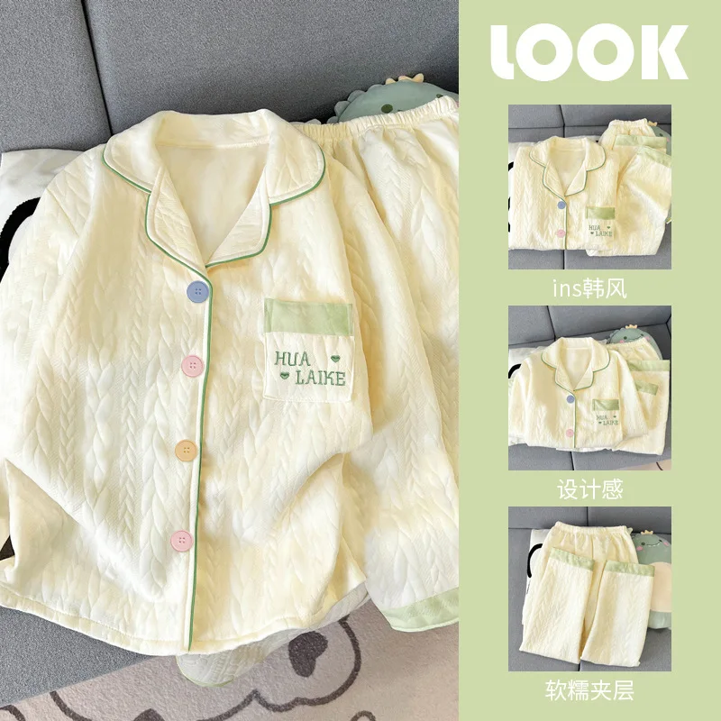 

Forest Style Female Homewear Pajamas Autumn Winter Lady Thickened Air Cotton Warm Loungewear Women's Two-Piece Set Sleepcoat