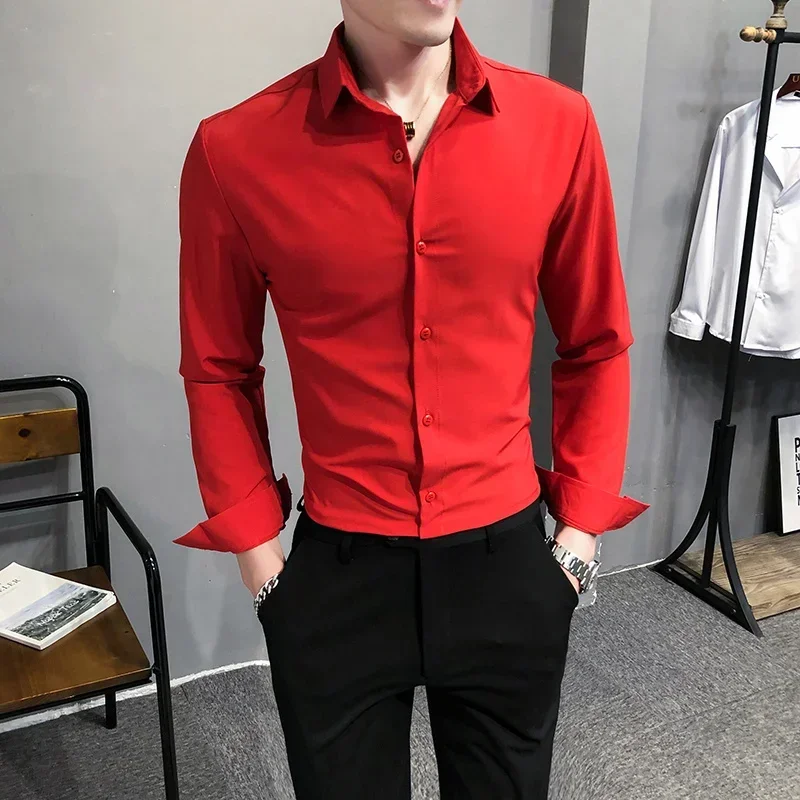 Camisas de vestir de manga larga para hombre, camisas ajustadas, elásticas, formales, de negocios, uniforme de padrino de boda, Tops de trabajo, ropa básica informal