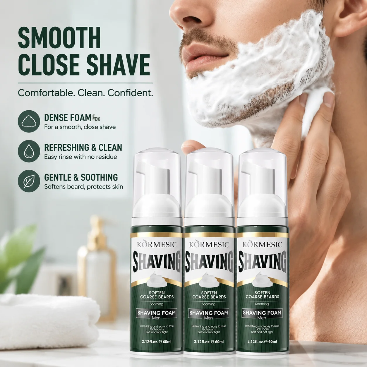 Shaving Foam 60ml, Fragrant Gentle Dense Cleansing Beard Softener, Refreshing Non-Sticky Easy Rinse No Residue