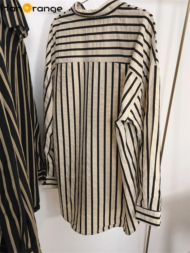 HanOrange 2024 Spring Autumn Palace Vintage Striped Shirt Women Lapel Loose Lazy Comfortable Top Female White/Black