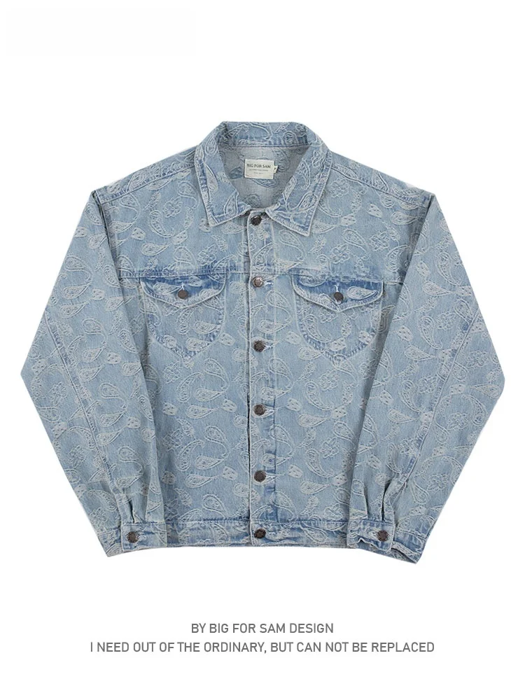 

Waed Vintage Loose Fit Men's Denim Jaet Big for Sam Hip Hop Sle with Floral Pattern Turn down Collar Long Sve Coat