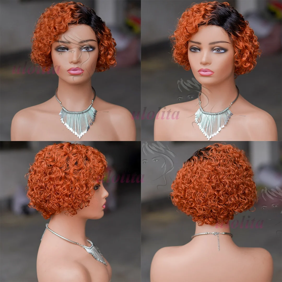 Ombre Blonde T1B27 Pixie Cut Kurzer Lockiger Bob Seitenscheitel Ohne Lace Front 100% Echthaar Perücken Brasilianisches Remy Haar Gefärbte Alltagsperücken – Detail 9