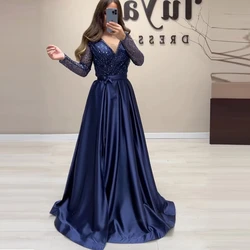 Customized A-Line Satin Sparkly Robe De Soirée Custom Made Long Sleeves Evening Gown Saudi Arabic Party Dress Prom Dresses