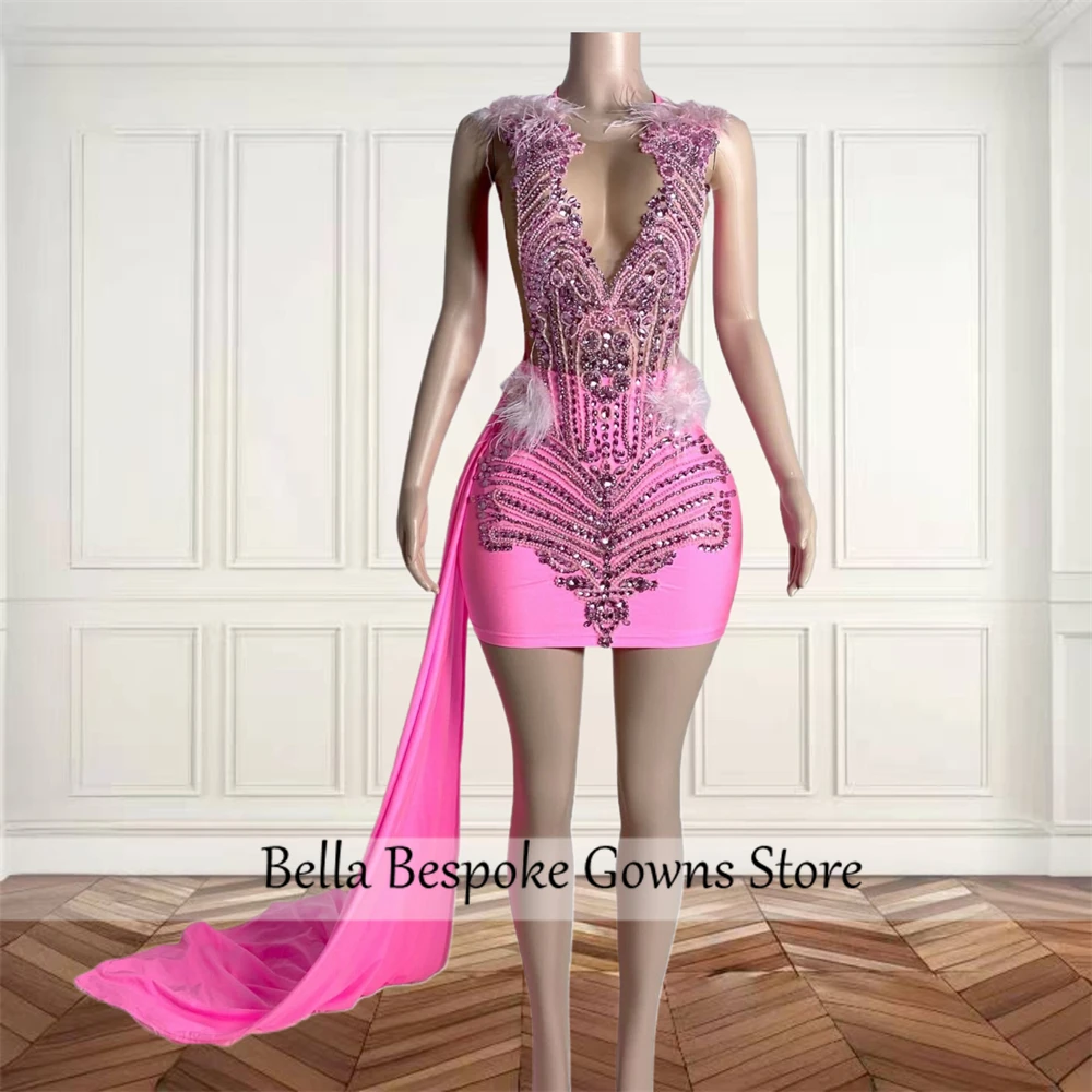 Pink O N Short Prom Dresses Black Girls Bead Crystal 2024 Birthday Luxury Dress Feathers Gown Homecoming Side Train Customized