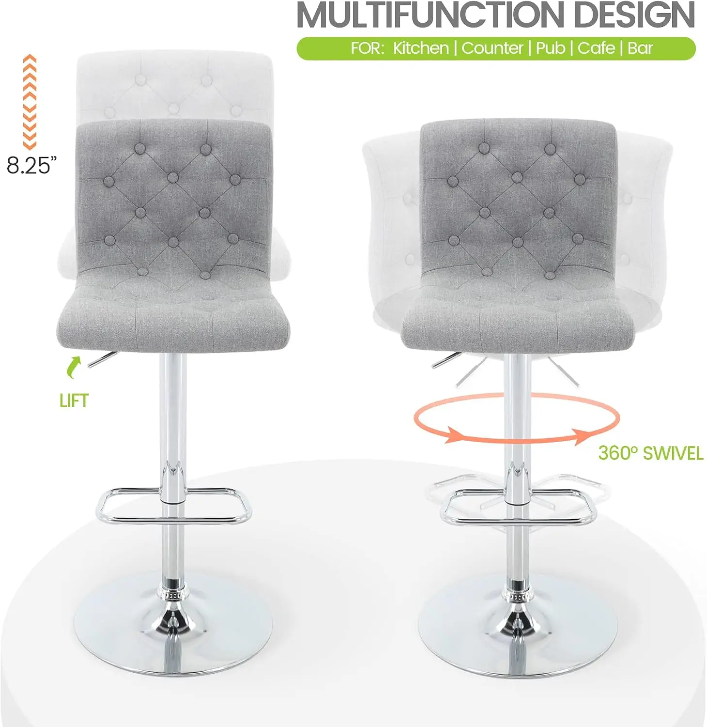 Tufted Fabric Bar Stools Set of 2, Adjustable Swivel Counter Height with Back, Upholstered Armrests (Light Grey)