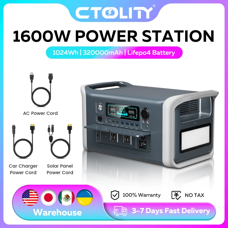 CTOLITY 1800W Outdoor Portable Power Station Camping 1024Wh Lifepo4 Battery AC Outlets Pure Sinve Wave Solar Generator for Party