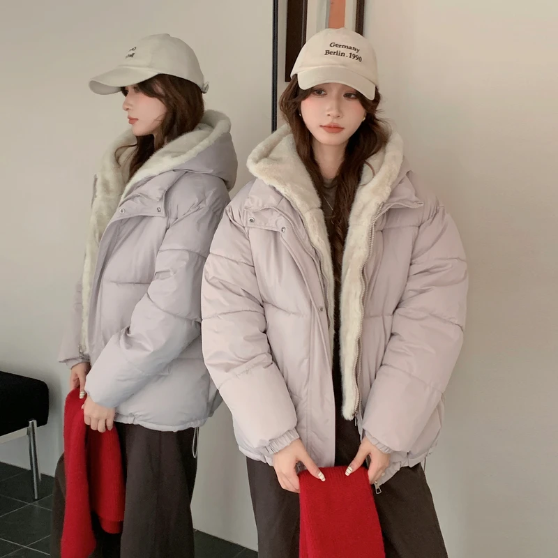 

Autumn Winter Spliced Fur Jacket Women'S Korean Cotton-Padded Thicken Warm Hooded Parkas Short Coat Female Casual Ladies Top