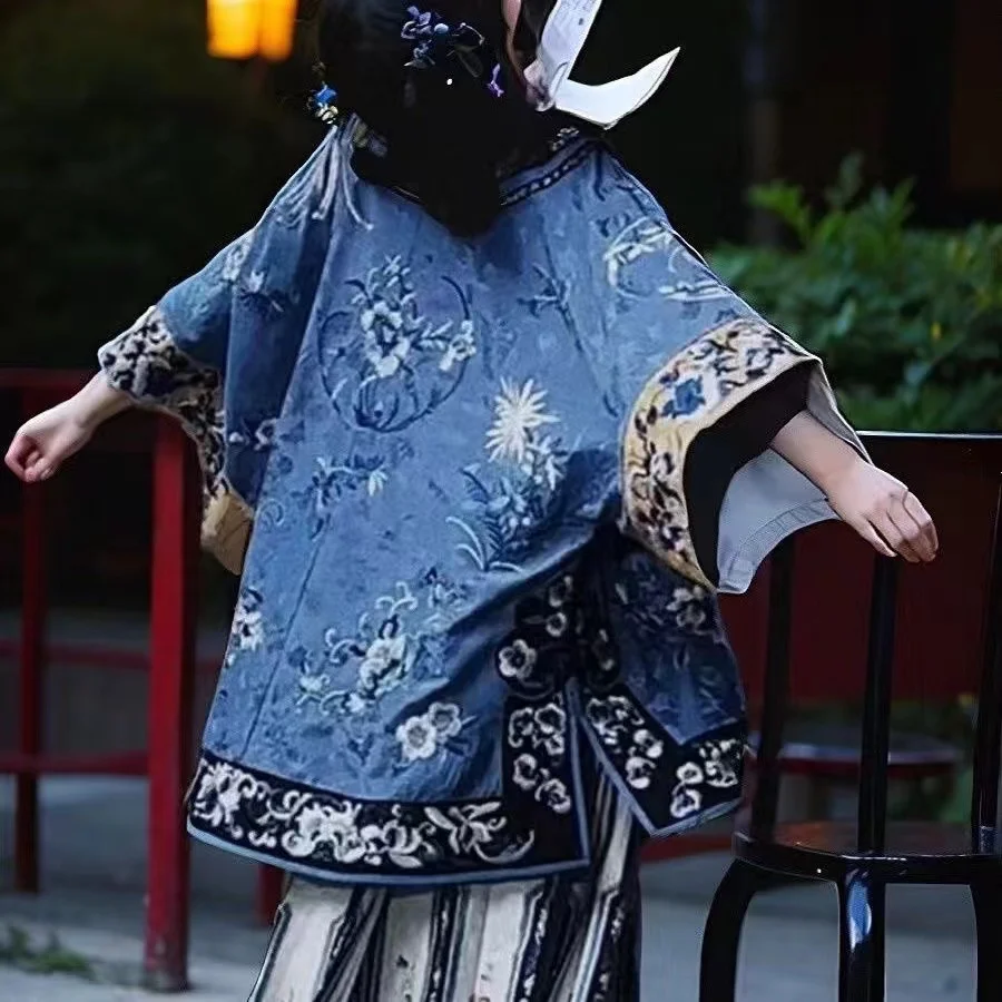 Geç Qing Hanedanı GEGE Qi Kostüm Kadınlar Geleneksel Mavi Çiçek Baskı Hanfu Niş Vintage Saray Tarzı Cosplay Giyim