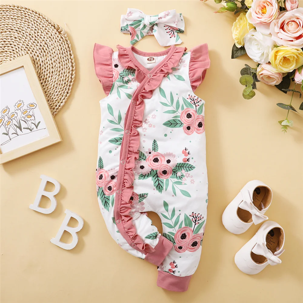 0-12 Months Newborn Baby Girl Bodysuit Fly Sleeves Romper + Headband Toddler Girl Summer Fashion Leopard Pattern Jumpsuit