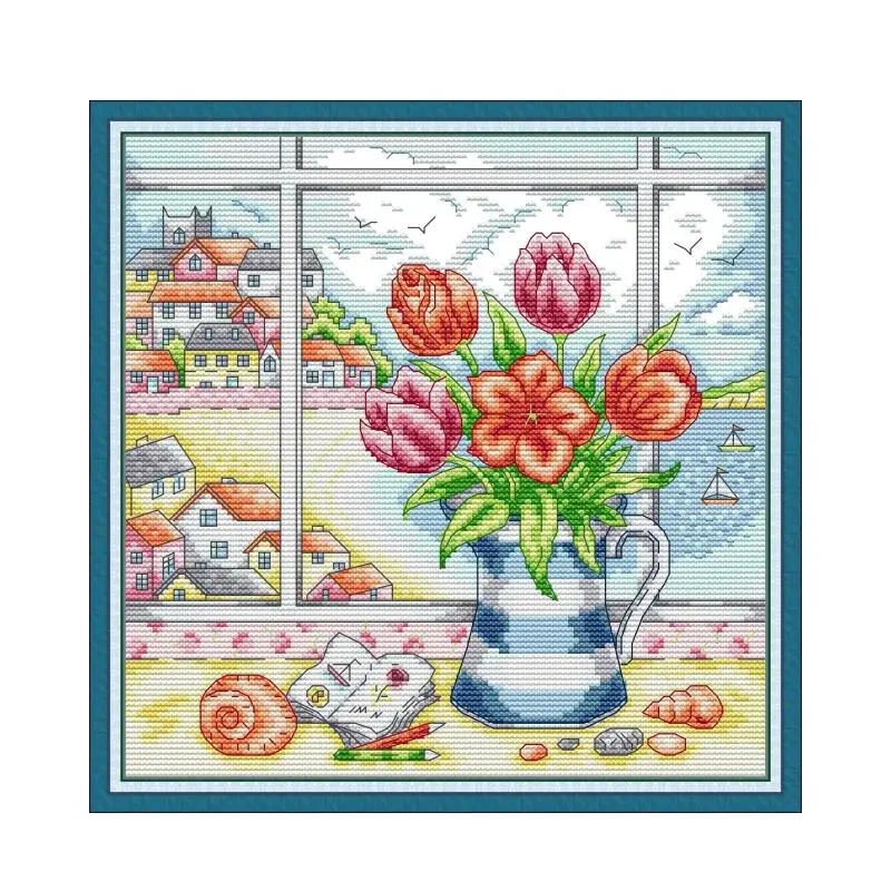 Vase On Windowsill Print Cross Stitch Kits 14CT 11CT Count Printed Canvas Fabric Embroidery DIY Needlework Sewing Kits Home Deco