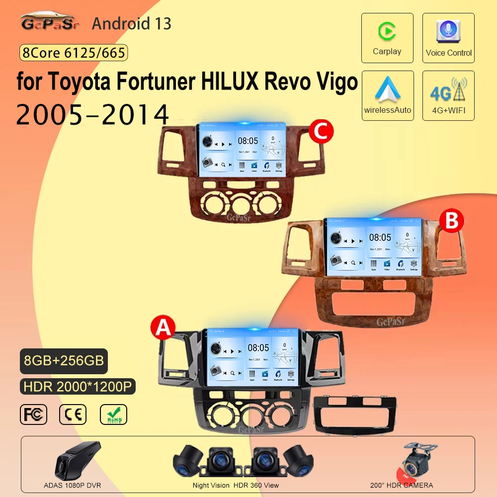 

Android 13 для Toyota Fortuner HILUX Revo Vigo 2005-2014, автомобильный радиоприемник Carplay, GPS, мультимедийный плеер, 2din dvd